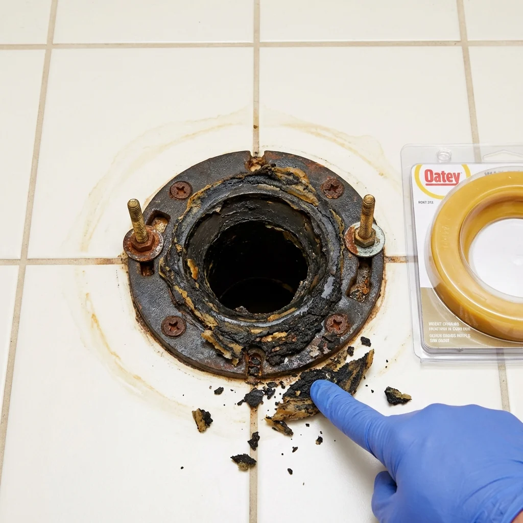 Failed wax ring showing water seepage at the base of a toilet in a Carrollton, AL home
