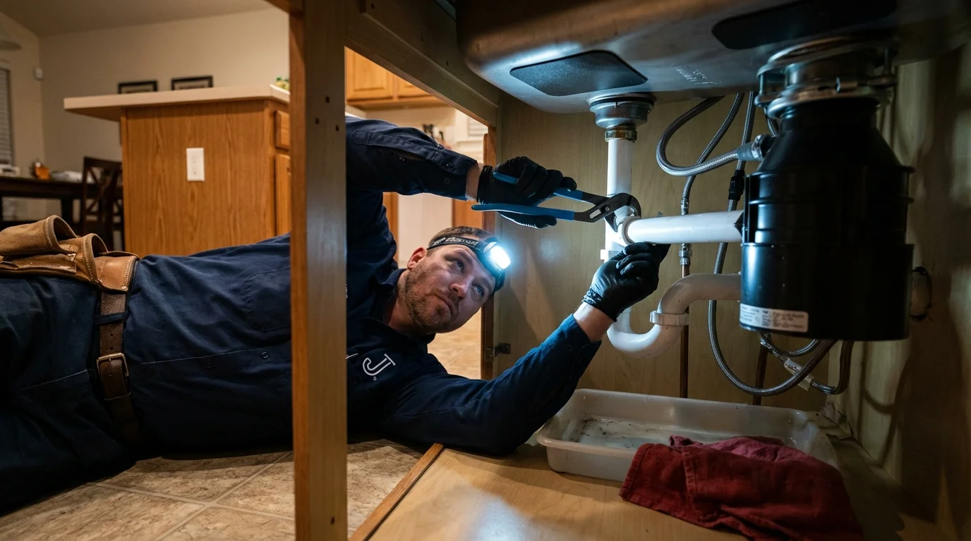 P-trap and supply line connections under a kitchen sink showing a common leak point in Carrollton, AL